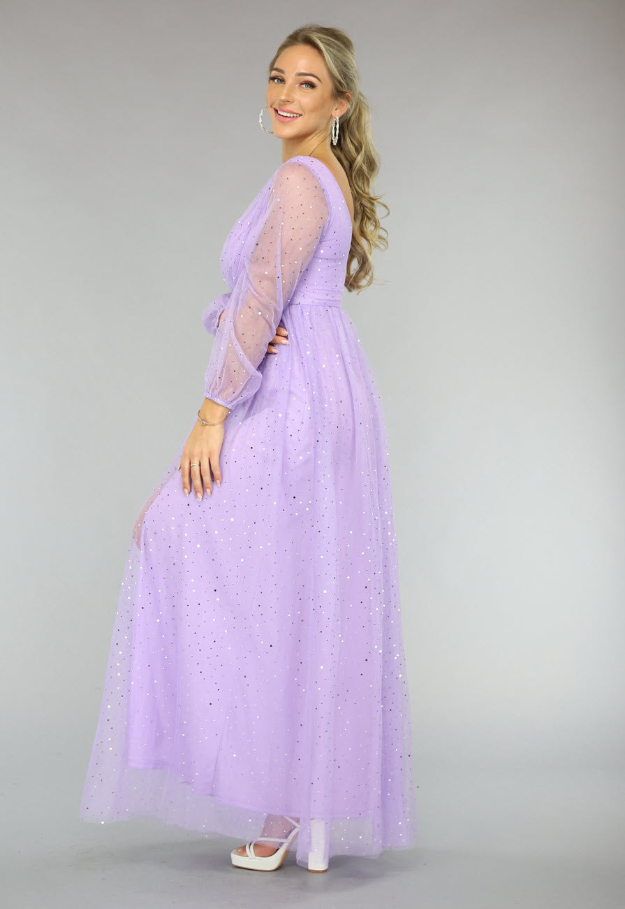Paarse Glitter Maxi Jurk met Mesh Mouwen