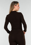 Bruine Zachte Stretch Top met Col en Lange Mouwen