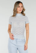 Lichtblauwe Gehaakte Stretch Top met Col en Korte Mouwen