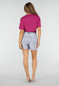 Paarse Crop Top met Kanten Taille en Korte Mouwen