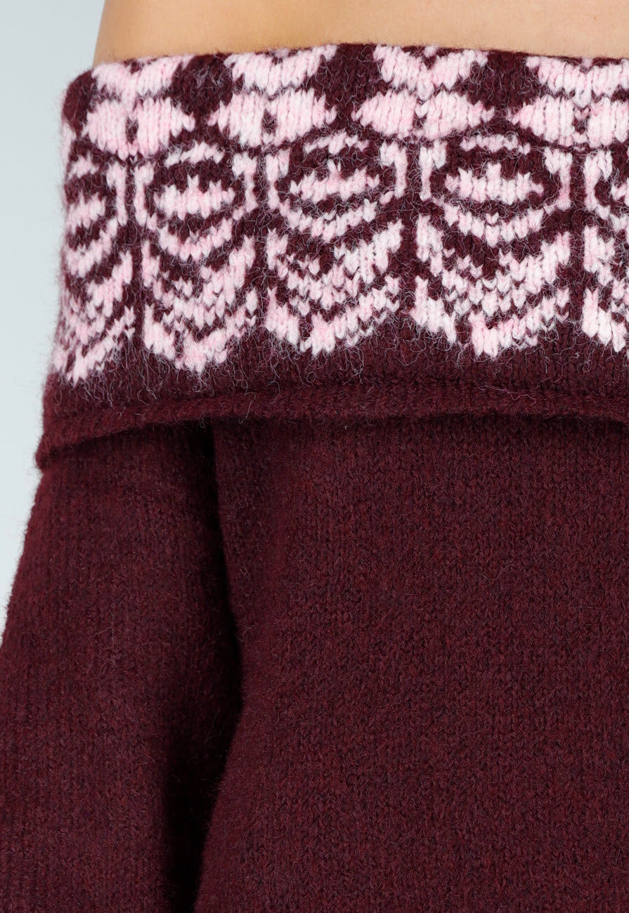 Bordeaux Off Shoulder Trui met Fair Isle Motief en Lange Mouwen