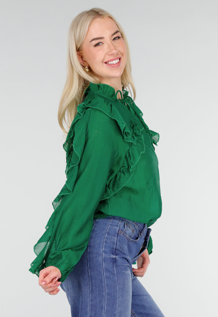 Groene Chiffon Blouse met Ruches en Strikdetail