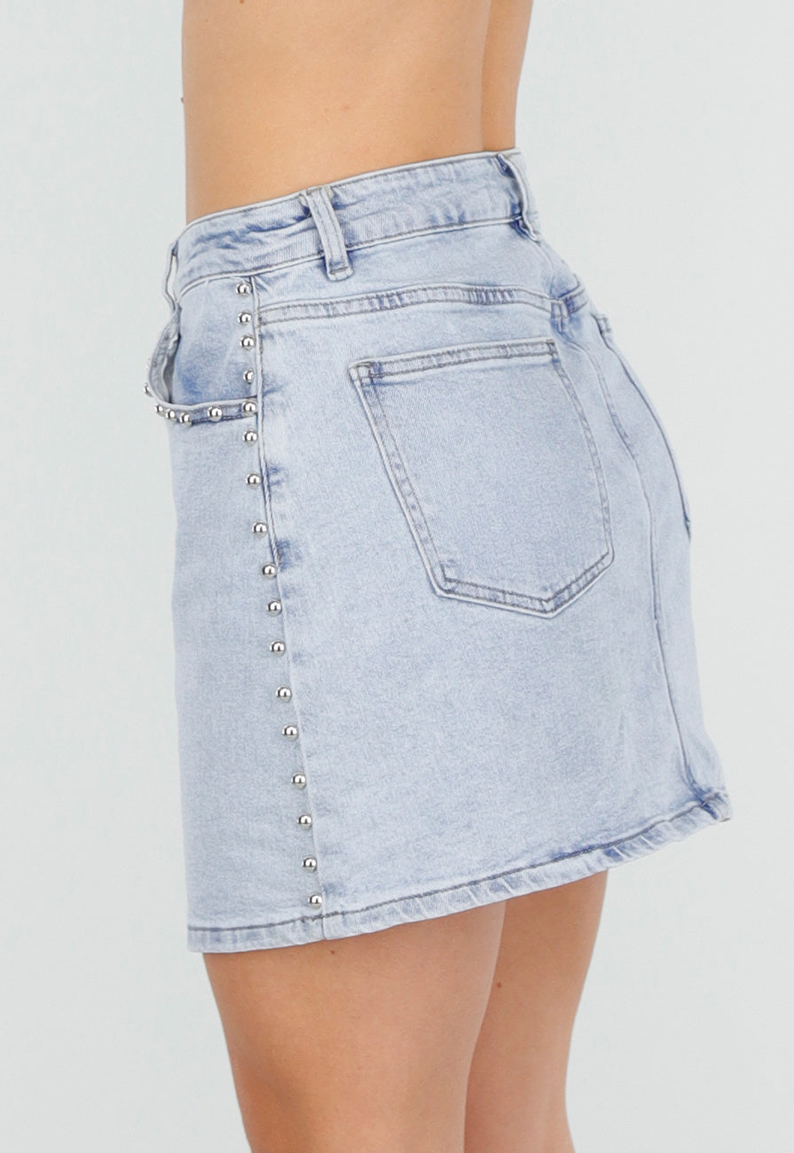 Lichtblauwe Denim Rok met Studs en Rechte Pasvorm en Steekzakken