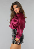Cherry Roze Velvet Blouse met Pofmouwen