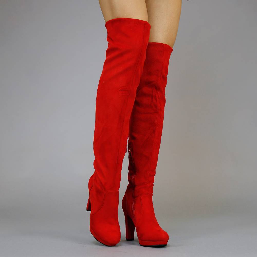 Suède-Look Overknee Laarzen met Hak Rood