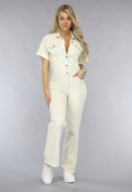 Redial Jeans  Crème Kleurige Straight Leg Denim Jumpsuit met Korte Mouwen