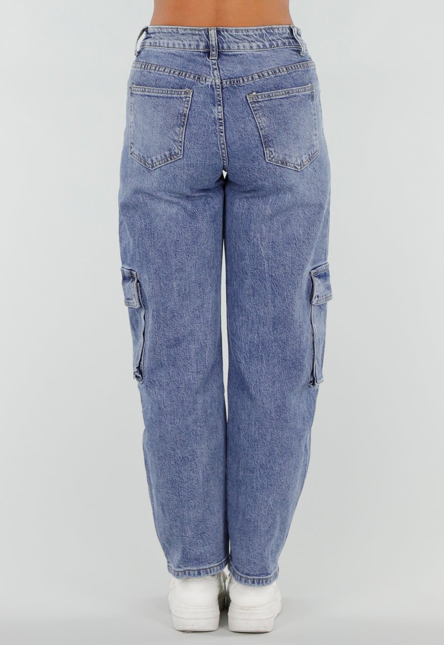 Blauwe Denim Barrel Cargo Jeans met Zijzakken