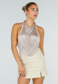 Champagne Halter Fringe Top met Verstelbare Rugsluiting