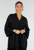 Zwarte Midi Jurk met V-Hals en Ruffle Details