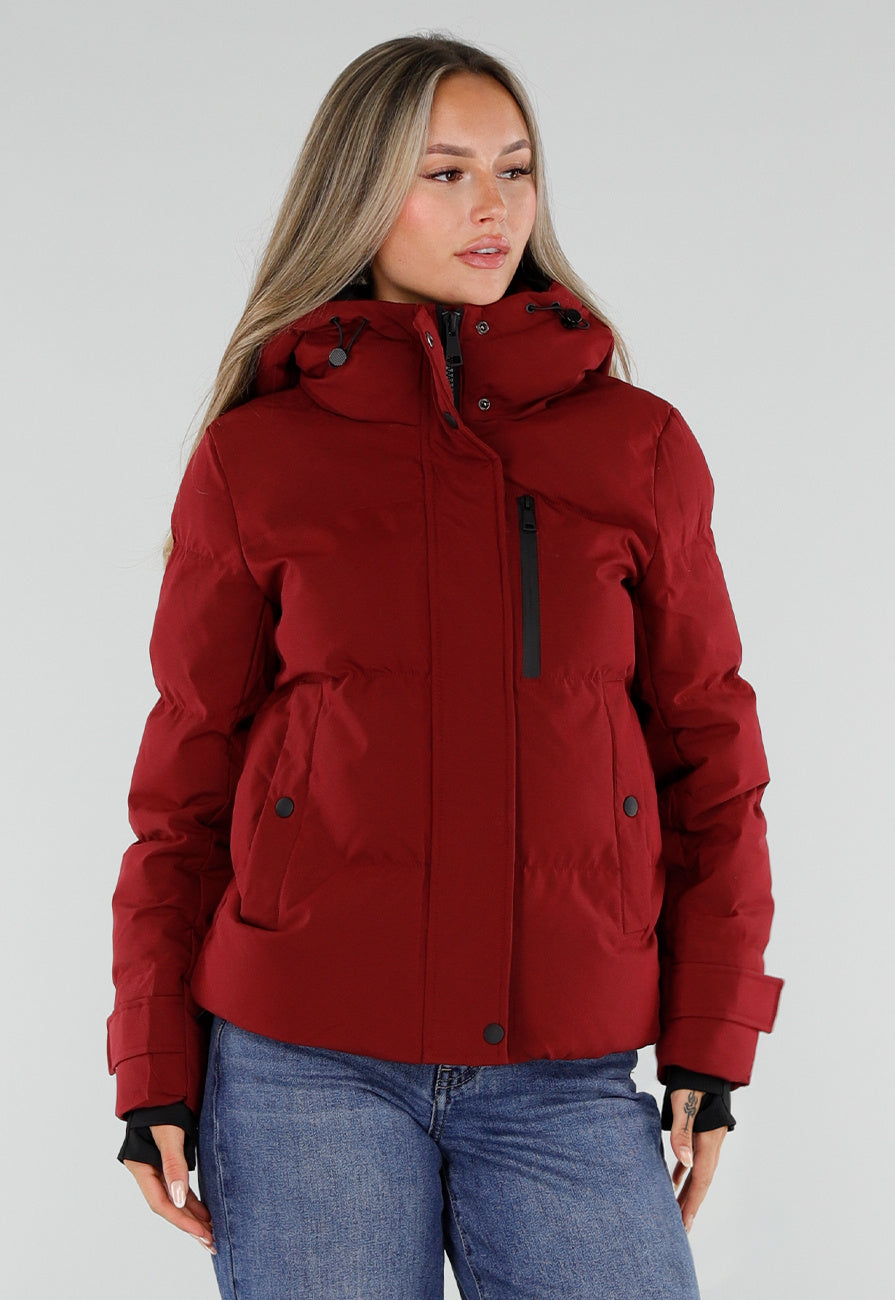 Bordeaux Korte Puffer Winterjas met Capuchon en Zakken