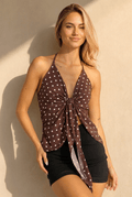 Bruine Halter Top met Polkadot Print en Strikdetail Voor Dames