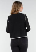 Zwart Teddy Gilet met Witte Randen en Knoopsluiting