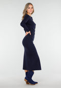 Donkerblauwe Knitted Set met Knopen en Split in de Rok