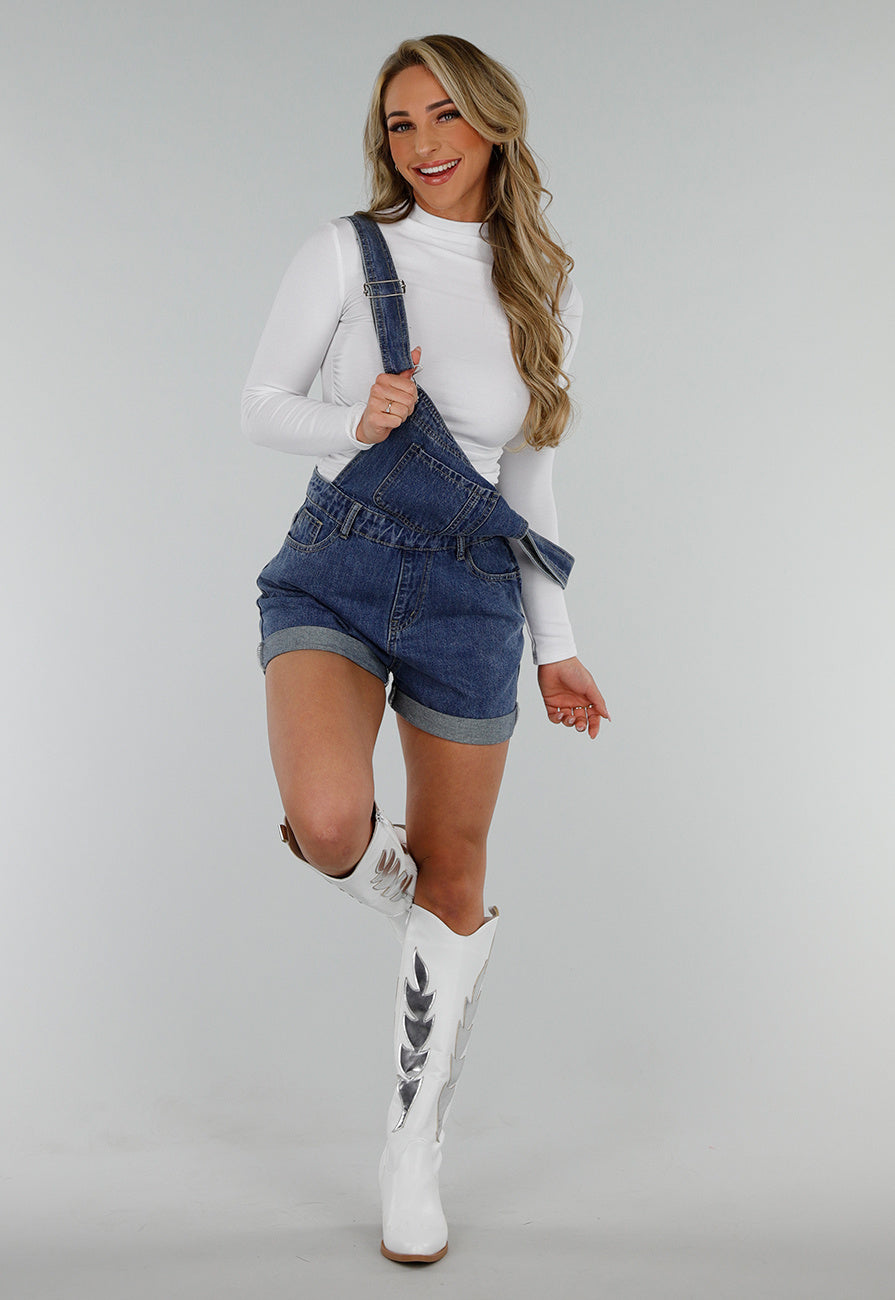 Denim Tuinbroek Playsuit met Verstelbare Bandjes en Zakken