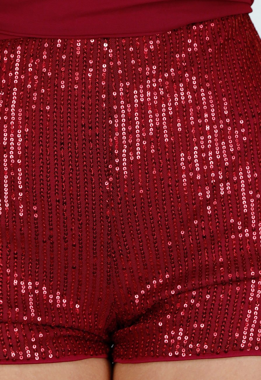 Bordeauxrode Pailletten Playsuit met Open Rug en Strikdetail