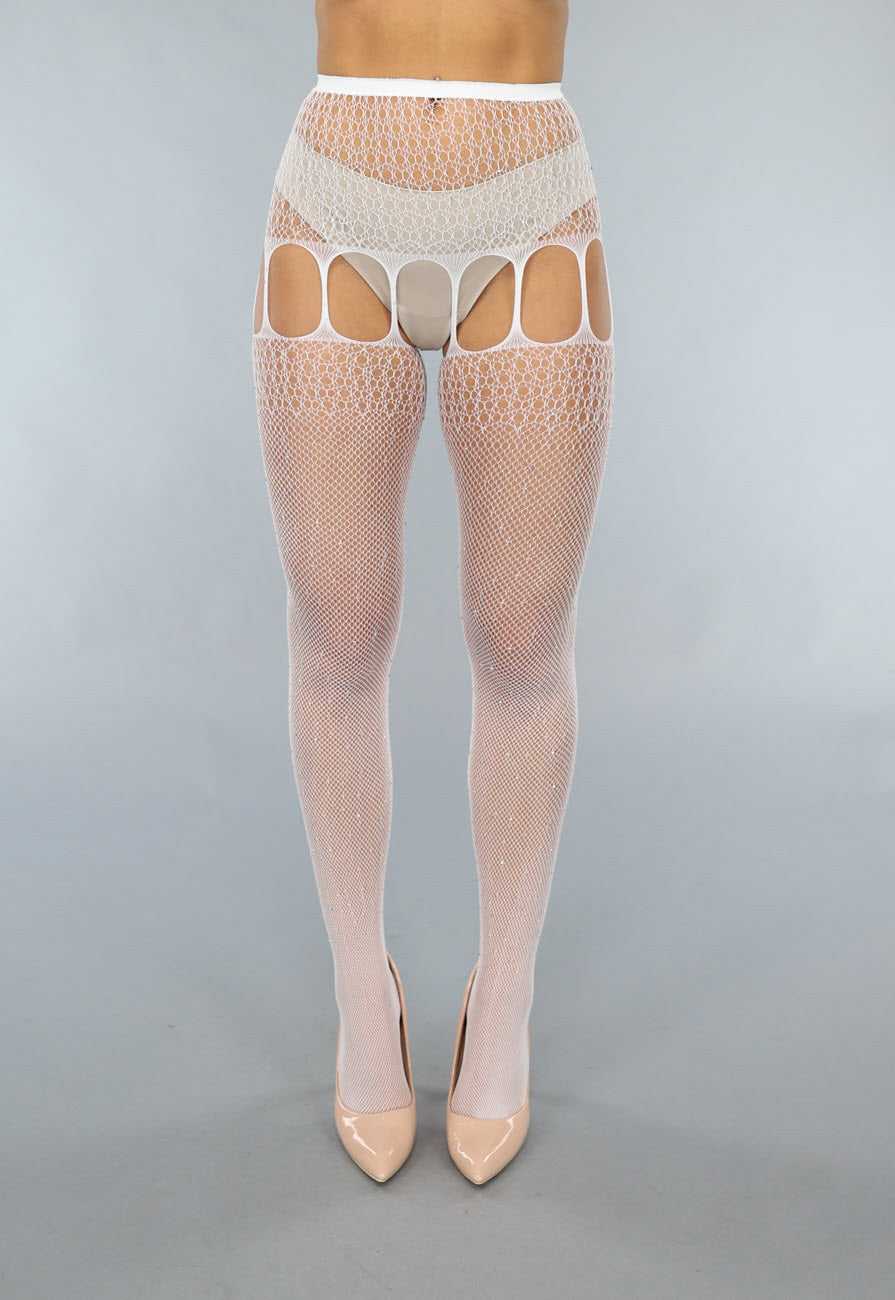 Witte Jarretel Look Fishnet Panty met Strass