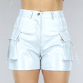 Metallic Zilveren Lederlook Cargo Short met Hoge Taille