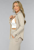 Beige Glitter Blouse met Lange Mouwen