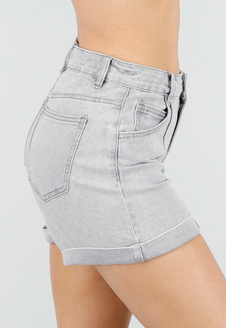 Grijze Denim Shorts met Omgeslagen Zoom en High Waist
