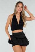 Zwarte Ruffle Rok met Contrasterende Bies en Hoge Taille