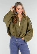 Olijfgroene Oversized Jas van Suède Look met Kraag en Lange Mouwen