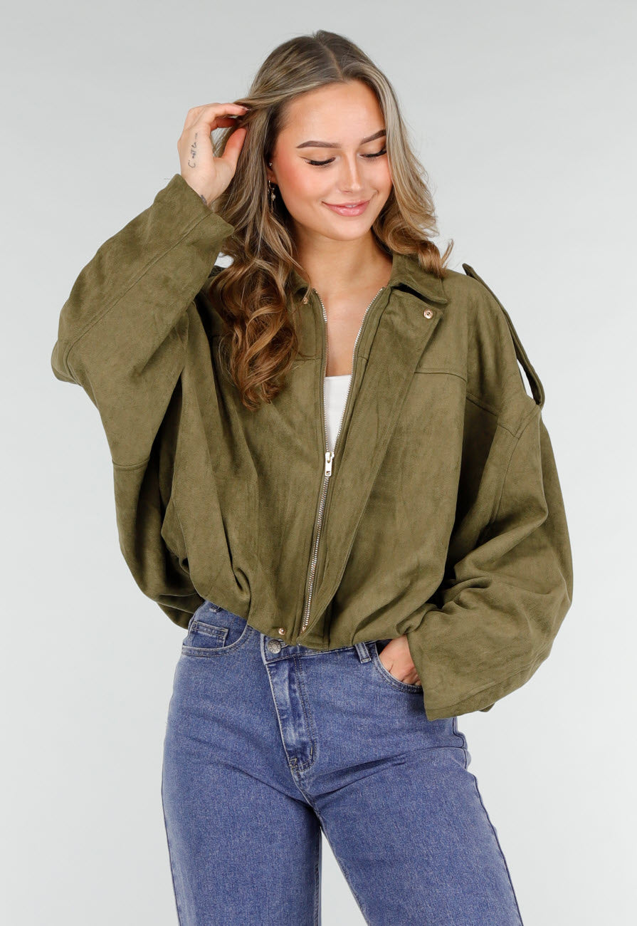 Olijfgroene Oversized Jas van Suède Look met Kraag en Lange Mouwen