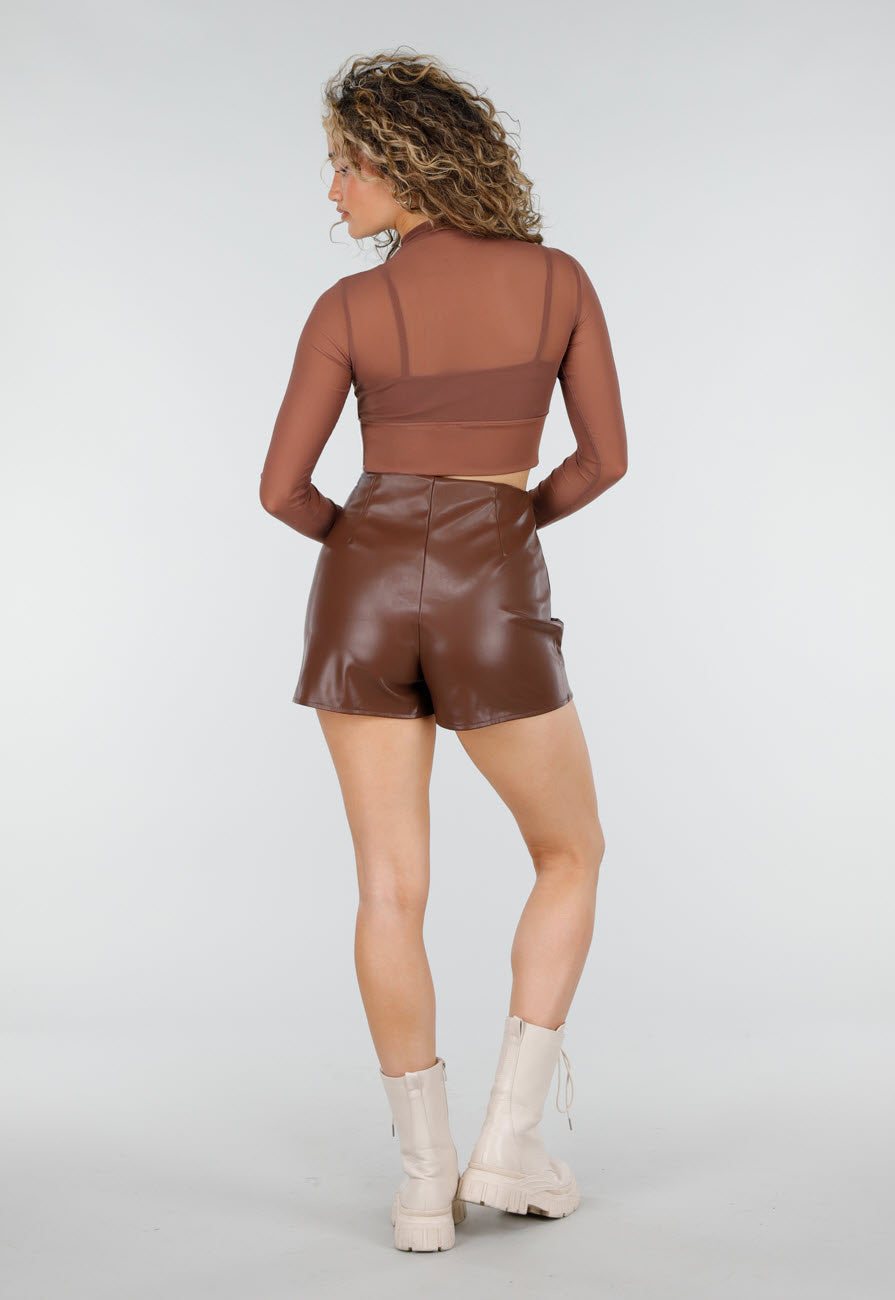 Bruine Lederlook Skort met Stretch en Binnenbroekje