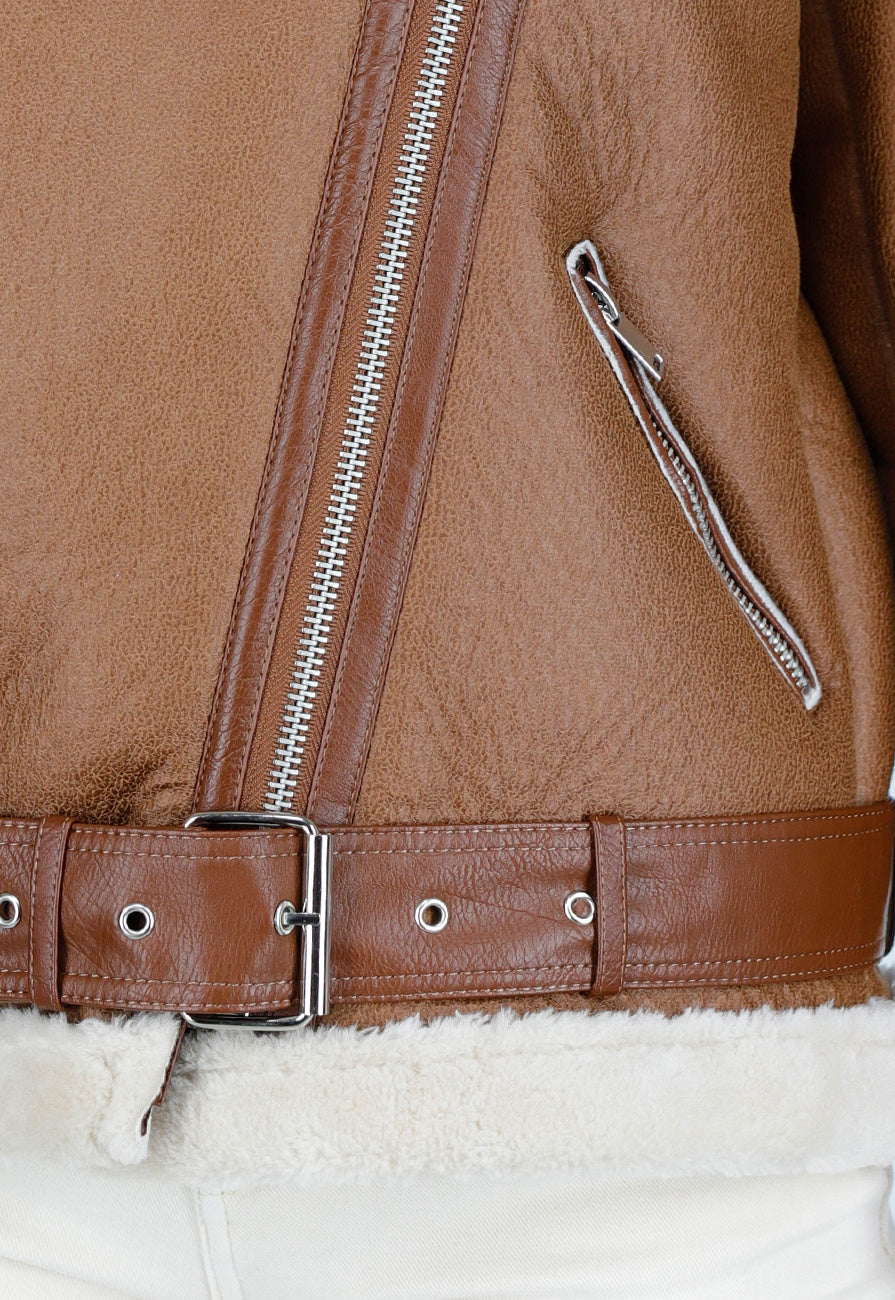 Bruine Imitatie Leren Biker Jas met Faux Fur