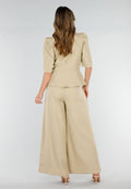 Beige Wide Leg Pantalon met Plooien en Stretch