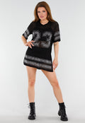 Zwarte Mesh T-Shirtjurk met Zilveren Glitters en Nummerprint