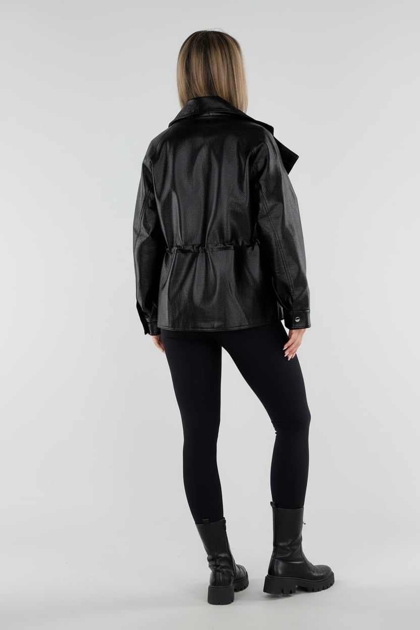 Zwarte Lederlook Jas met Hoge Kraag en Taillekoord