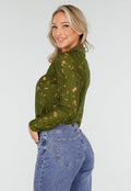 Groene Kanten Blouse met Lange Mouwen en Knoopsluiting