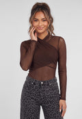 Bruine Mesh Body met Lange Mouwen en Gedrapeerde Hoge Hals