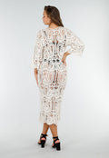 Beige Gehaakte Cover-up Jurk Vest met V-Hals en Lange Mouwen