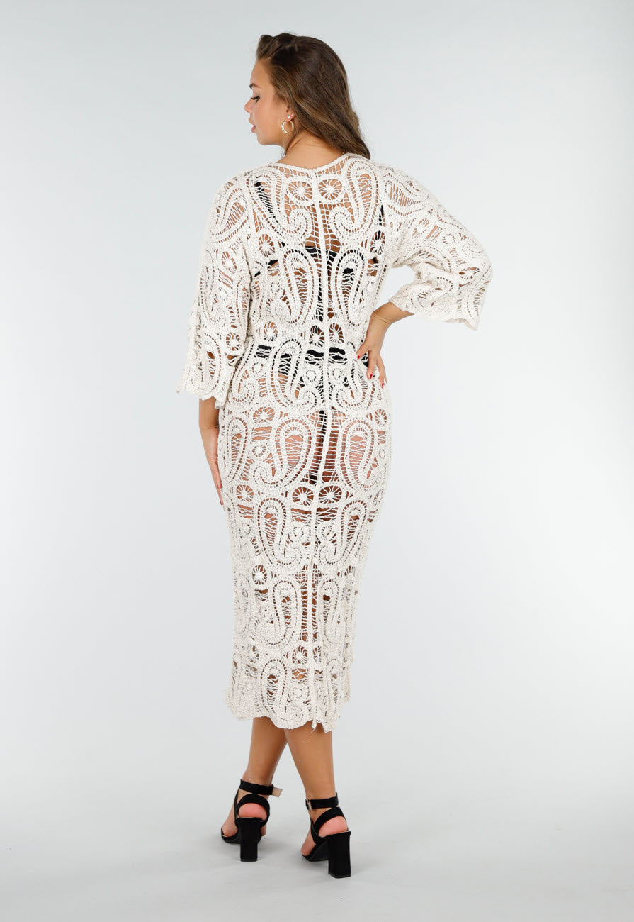 Beige Gehaakte Cover-up Jurk Vest met V-Hals en Lange Mouwen