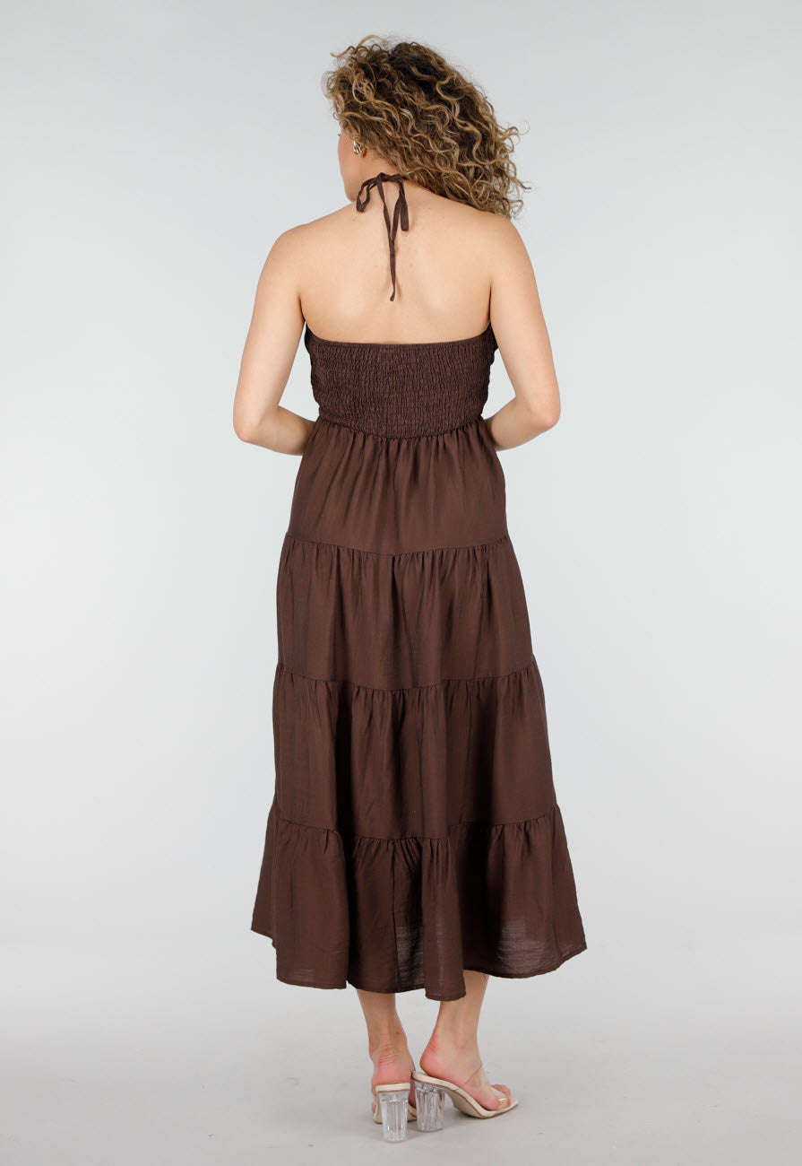 Bruine Halter Midi Jurk met Open Rug