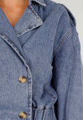 Blauw Kort Denim Jasje met Revers en Dubbele Knoopsluiting