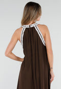 Bruine Maxi Halter Jurk met Witte Rand