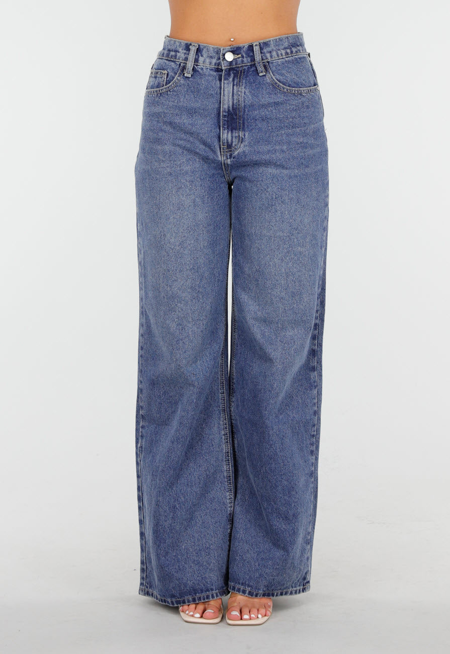 Donkerblauwe High Waist Wide Leg Jeans met Losse Pijpen