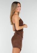 Bruine Strapless Suede Top met Stretch en Plooien