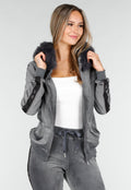 Grijs Velours Huispak met Nepbont Capuchon en Rits