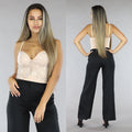 Beige Strass Top met Cups en Verstelbare Bandjes