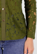 Groene Kanten Blouse met Lange Mouwen en Knoopsluiting
