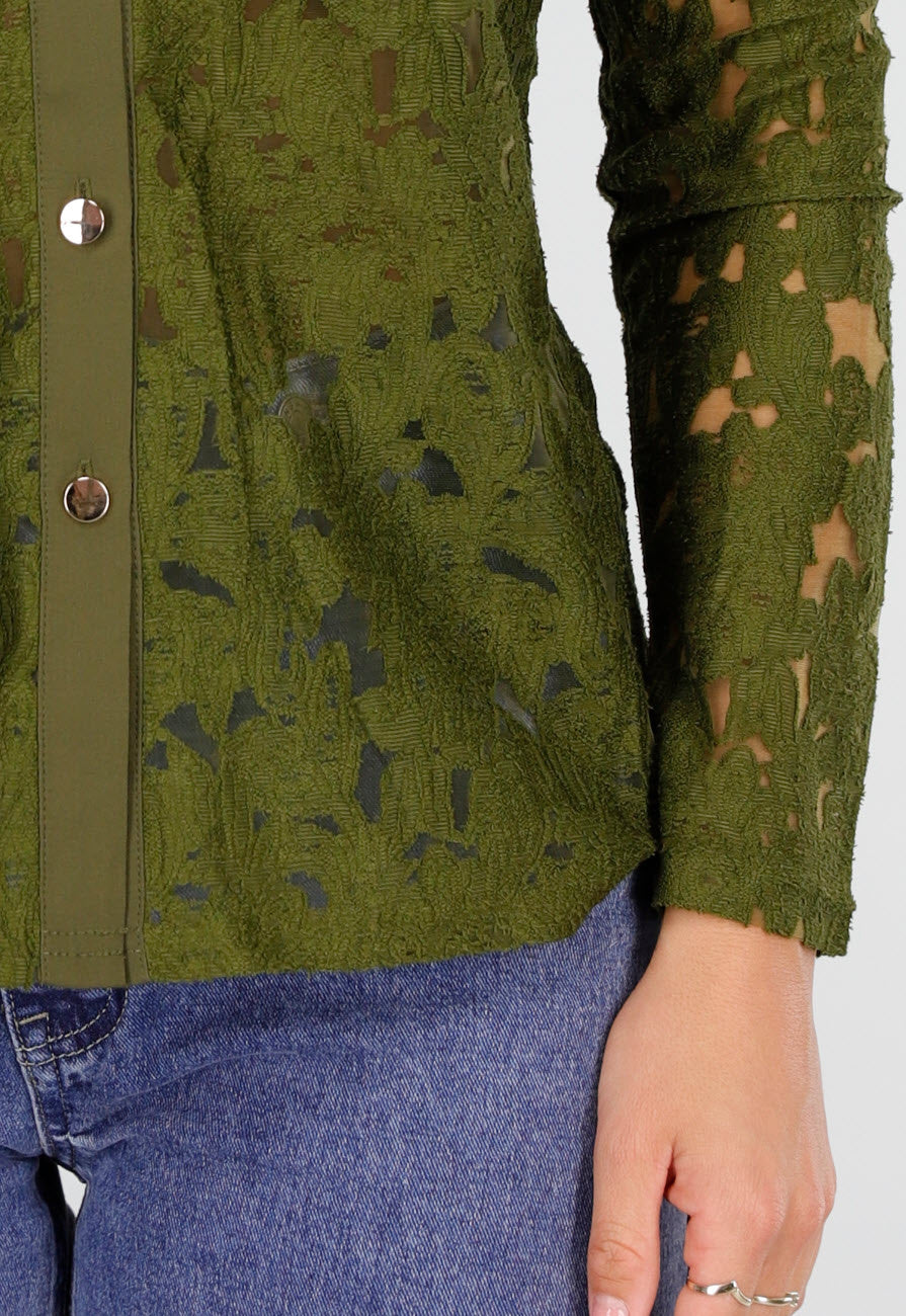 Groene Kanten Blouse met Lange Mouwen en Knoopsluiting