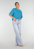 Blauw Groene Gestreepte T-shirt met Ronde Hals en Korte Mouwen