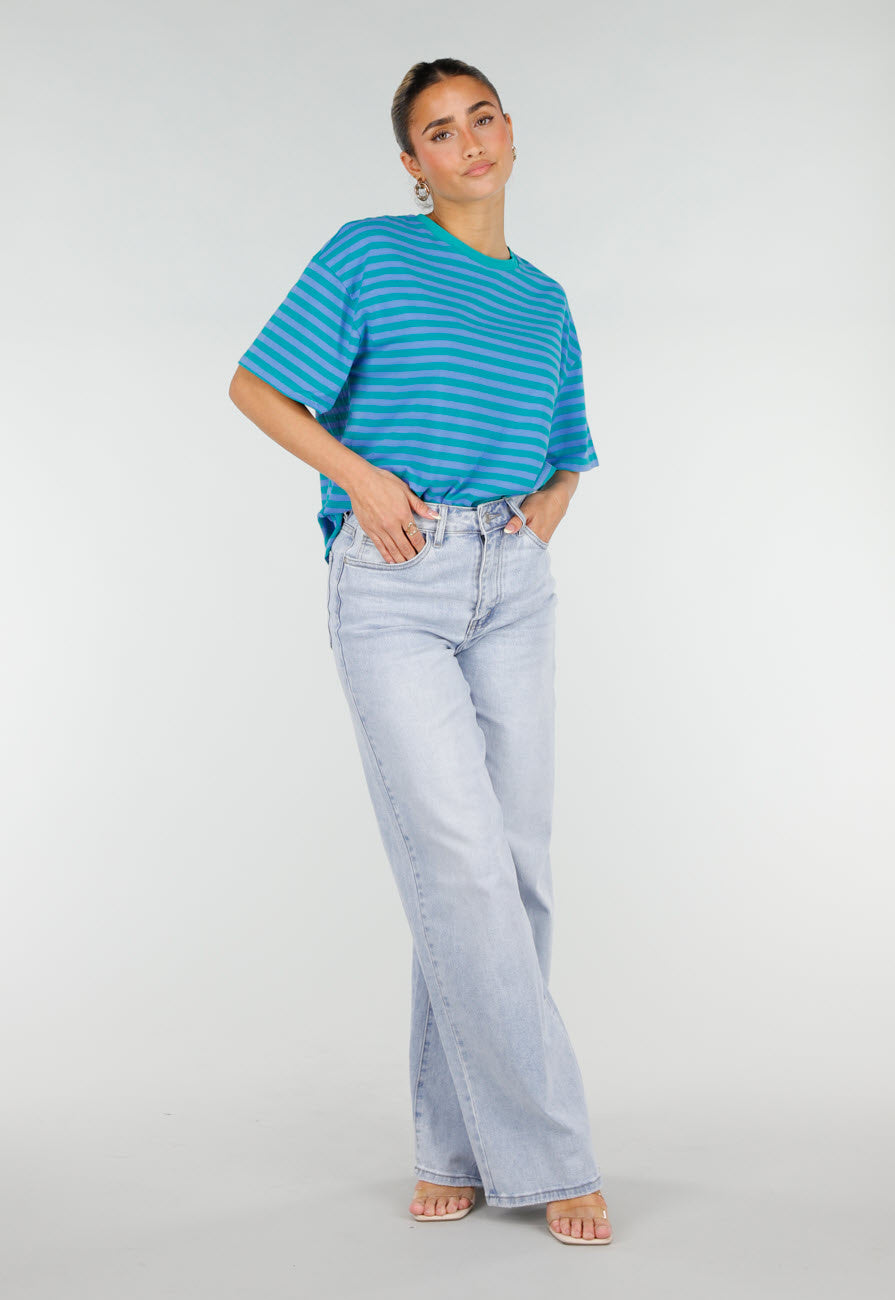 Blauw Groene Gestreepte T-shirt met Ronde Hals en Korte Mouwen