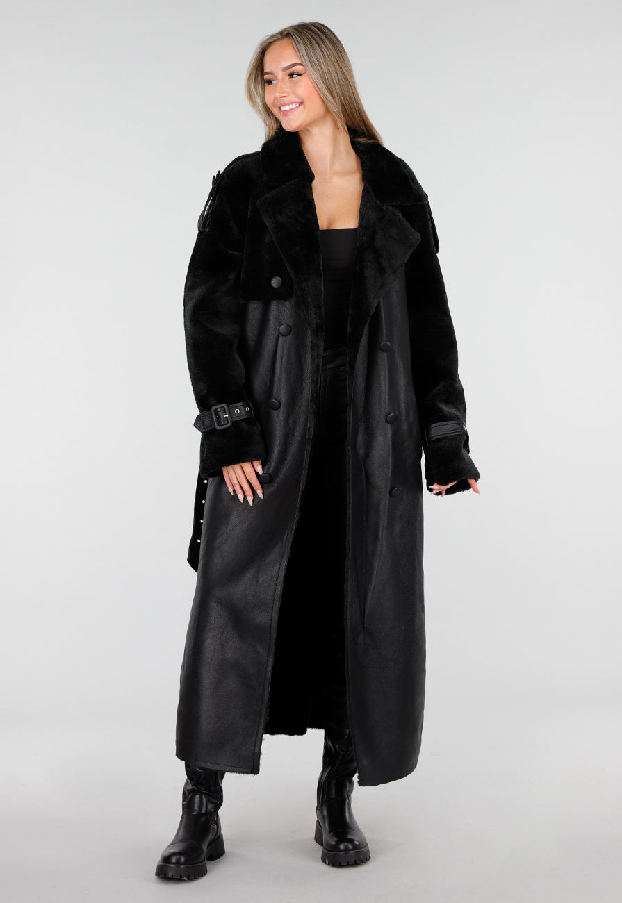 Zwarte Lange Trenchcoat van Imitatieleer met Ceintuur