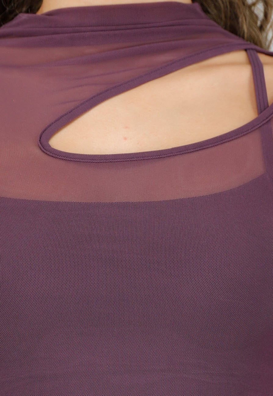 Paarse Mesh Crop Top met Lange Mouwen en Cut Out