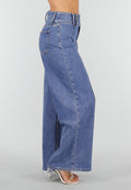 Blauwe Wide Leg Jeans met Siernaden en Drie Knopen