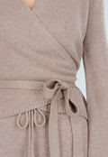 Beige Gebreide Wikkeltop met Strikceintuur en Lange Mouwen